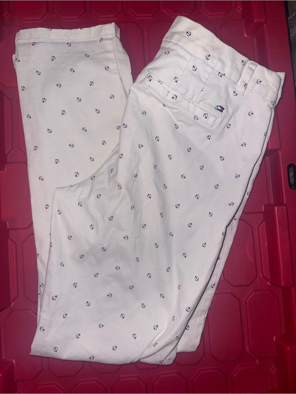 Tommy Hilfiger White Straight-Leg Pants with Navy Anchor Print